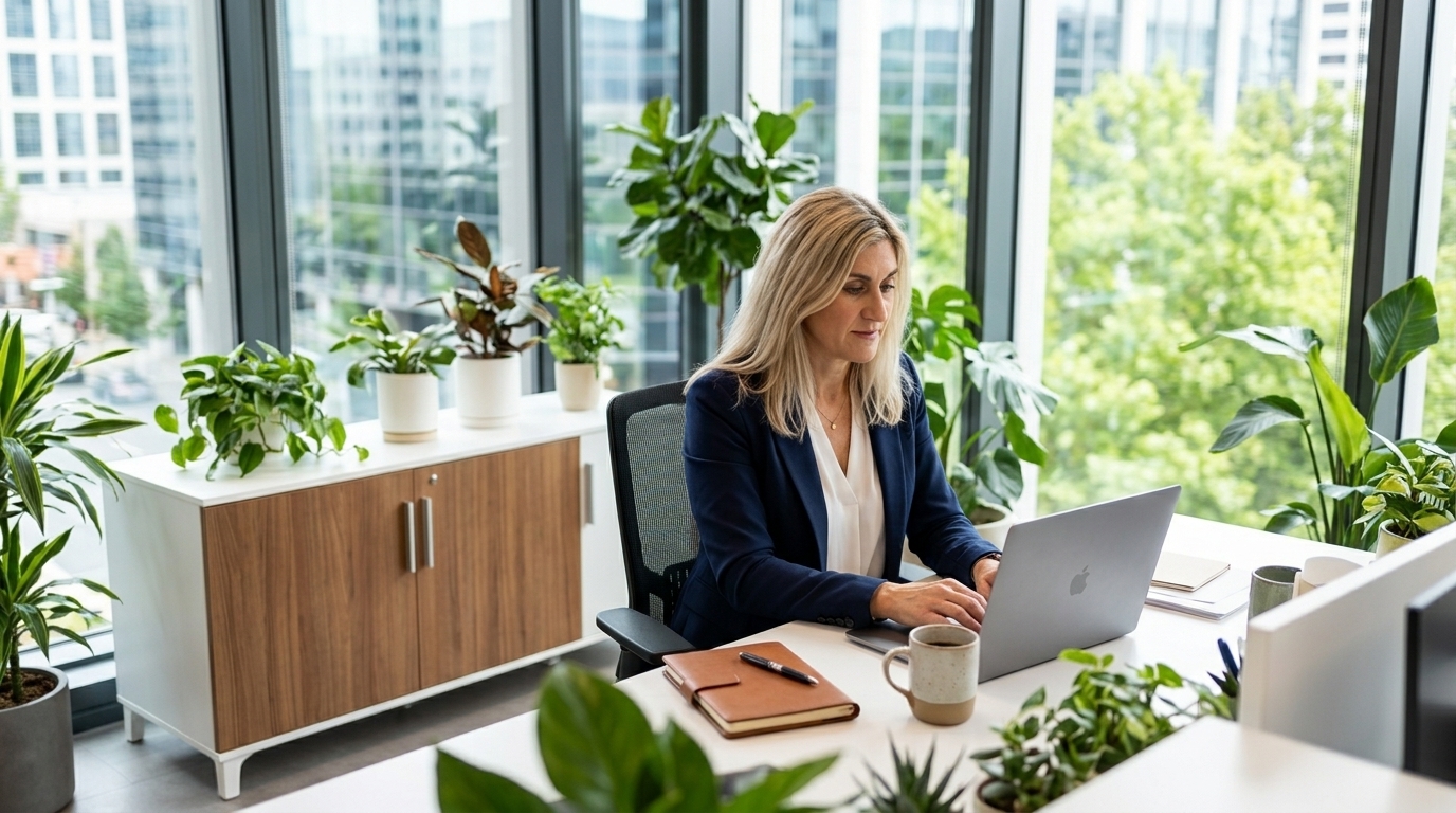 Professional working at a laptop in a bright office