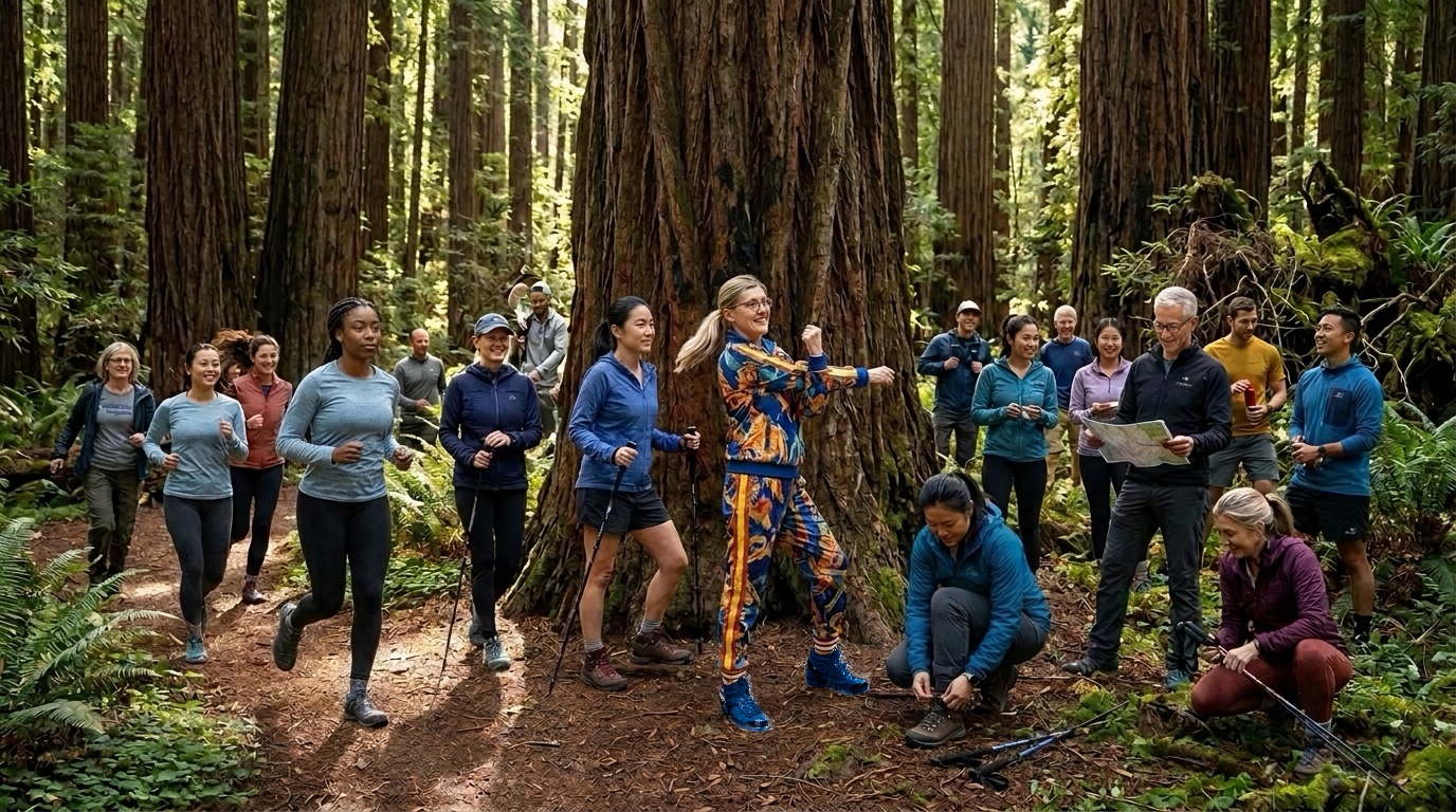 Team-building meeting among the Redwoods