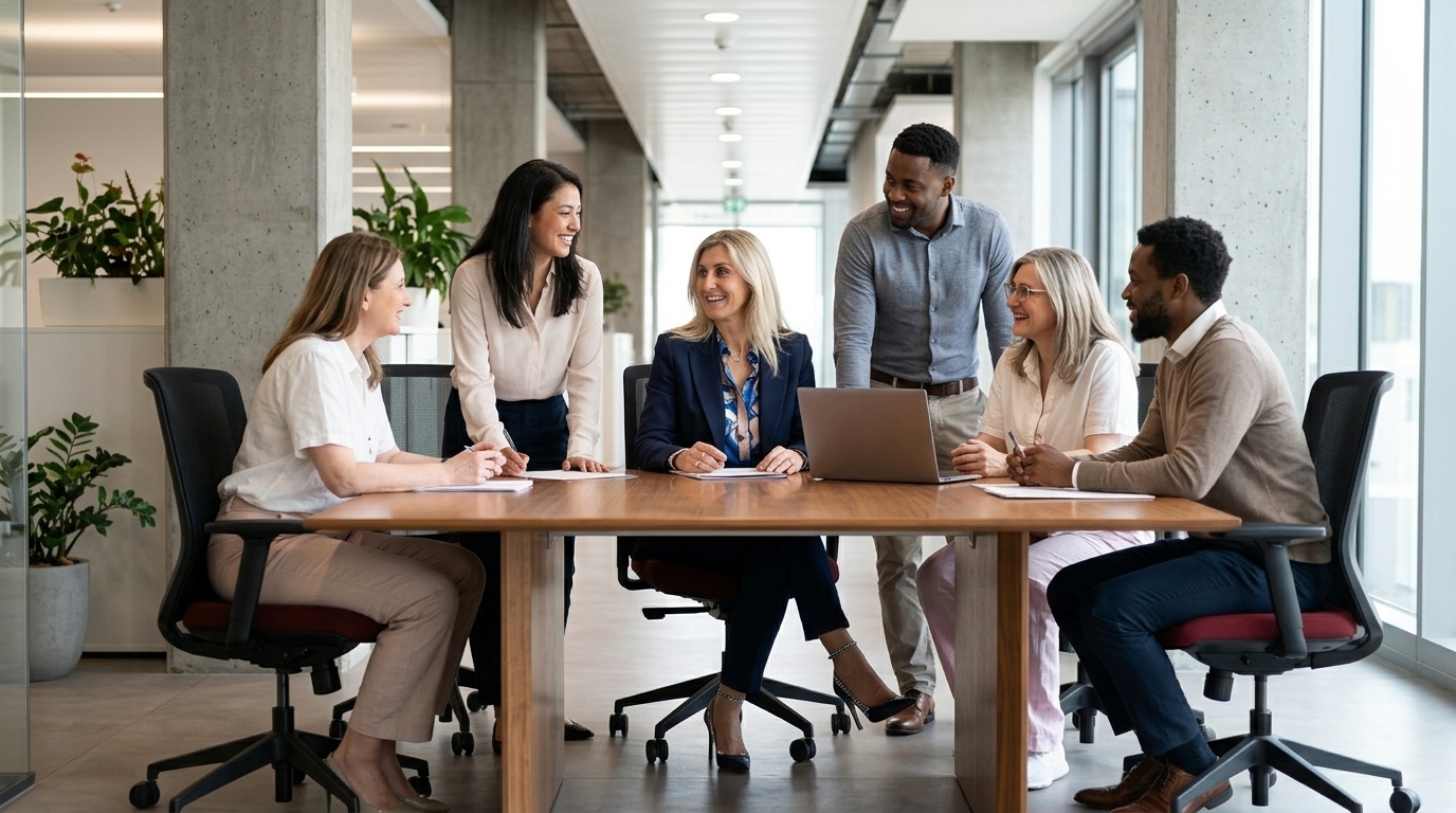 Team gathered around a meeting table